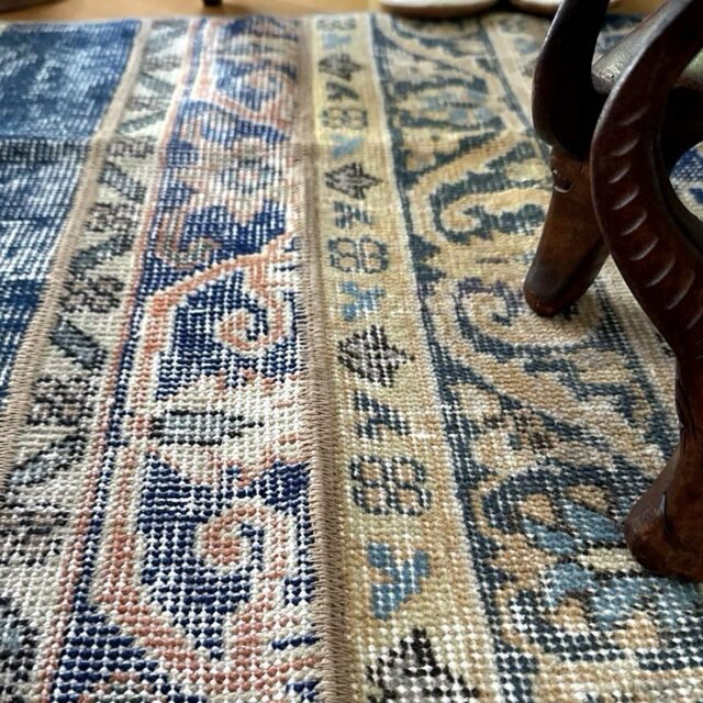 59×105 パッチワーク　ボタニカル　トルコヴィンテージラグ 63×105 ブルーボタニカル パッチワークラグ トルコヴィンテージ