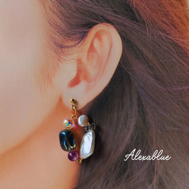 【※希少※】スイートピー グリーングレー系淡水パール10㎜ 2.5㎝フープピアス 希少※】スイートピー グリーングレー系淡水パール10㎜ 2.5