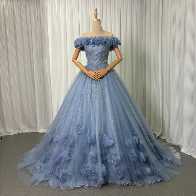 カラードレス ブルーグレー オフショルダー キラキラドレス バラトレーン 編み上げ リボン 結婚式 花嫁