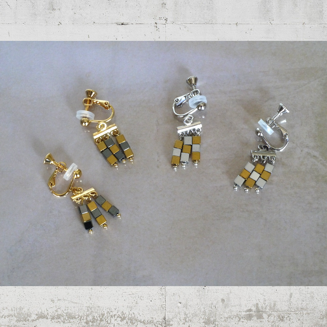 金銀ヘマタイトのチェッカーイヤアクセサリー