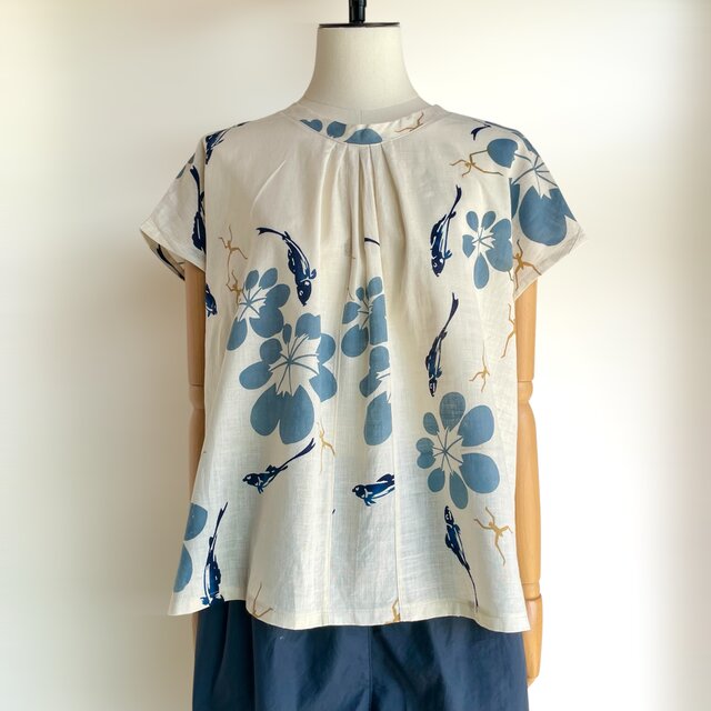 スタンドカラー　ブラウス【送料込み】浴衣リメイク　フレンチスリーブ　ベージュ