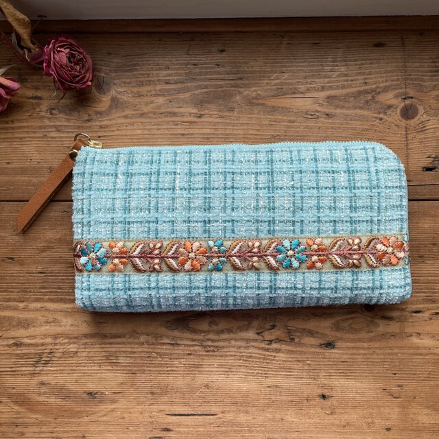 インド刺繍リボン長財布(ブルー系ツイード×オレンジリボン) | iichi