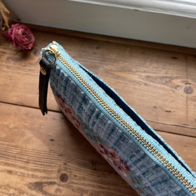 インド刺繍リボン長財布(ブルー系ツイード×ベージュリボン) | iichi