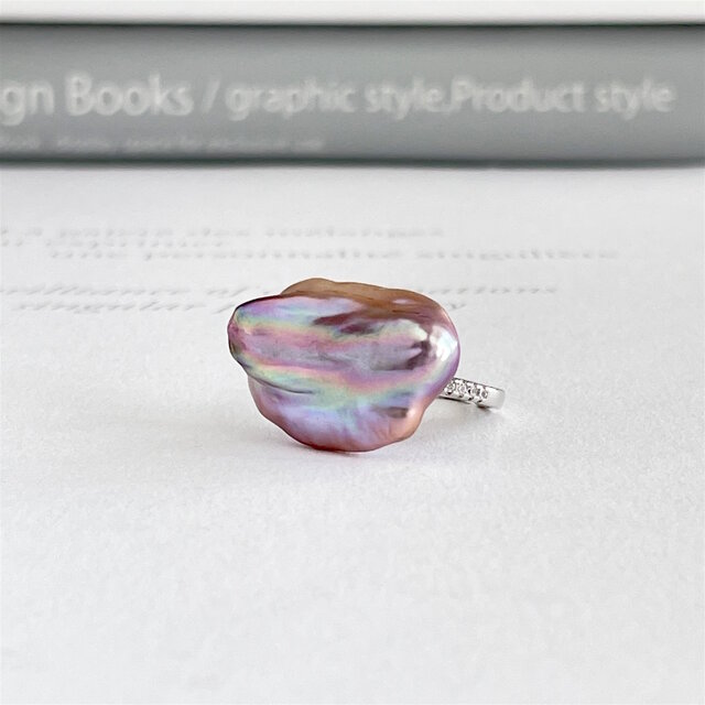 超大粒 淡水ケシパール メタリックパープルミックス 横長リング 　１点のみ