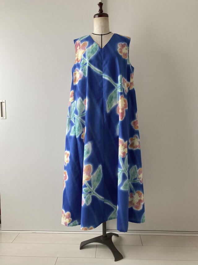浴衣のAラインワンピース　ブルー
