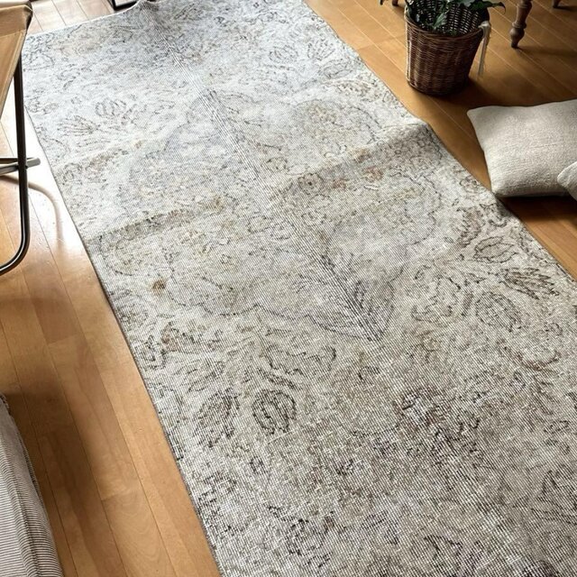 97×212 クリーム×グレージュ メダリオン　淡い優しいトルコヴィンテージラグ 97×212 クリーム×グレージュ メダリオン淡い優しいトルコヴィンテージラグ