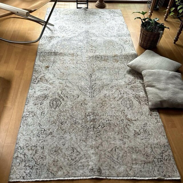 97×212 クリーム×グレージュ メダリオン　淡い優しいトルコヴィンテージラグ 97×212 クリーム×グレージュ メダリオン淡い優しいトルコヴィンテージラグ