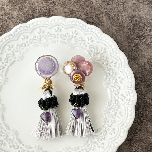 好きが詰まったピアス　イヤリング　ハートのアメジストがポイント　ボタンアクセサリー ２WAY　金属アレルギー対応