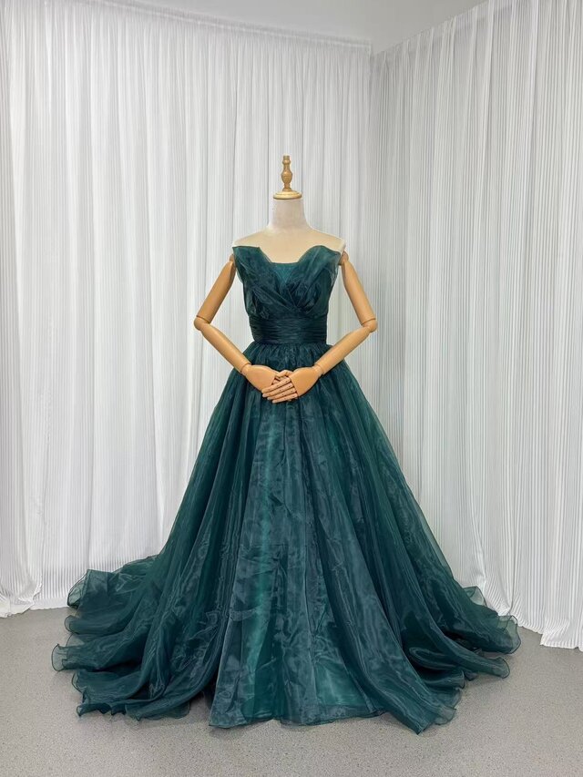 カラードレス ジュエルブルー ベアトップ 上質オーガンジー ロングトレーン 披露宴