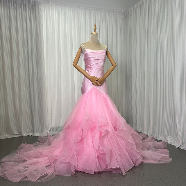 カラードレス キャミソール ピンク マーメイドライン ラッフルフリル