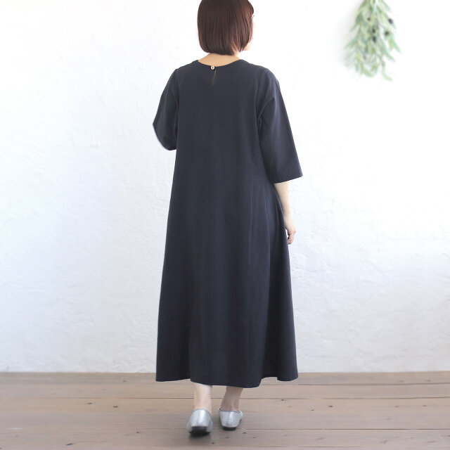 ゆったり細見え 七分袖 東炊きコットンリネン サイドタックワンピース