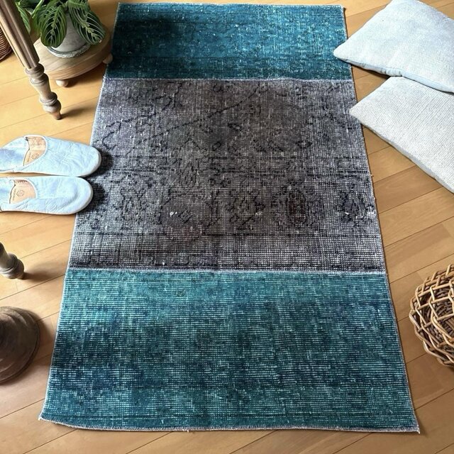 117×214 エメラルドグリーン　メダリオンボタニカル　トルコヴィンテージラグ 117×214 エメラルドグリーン メダリオンボタニカル トルコ
