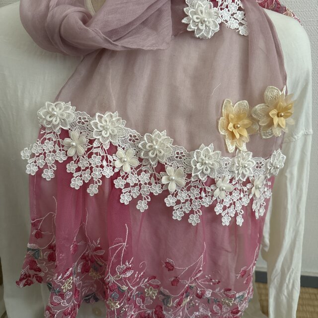 ハンドメイドクールストールくすみピンク花チュールレースピンク