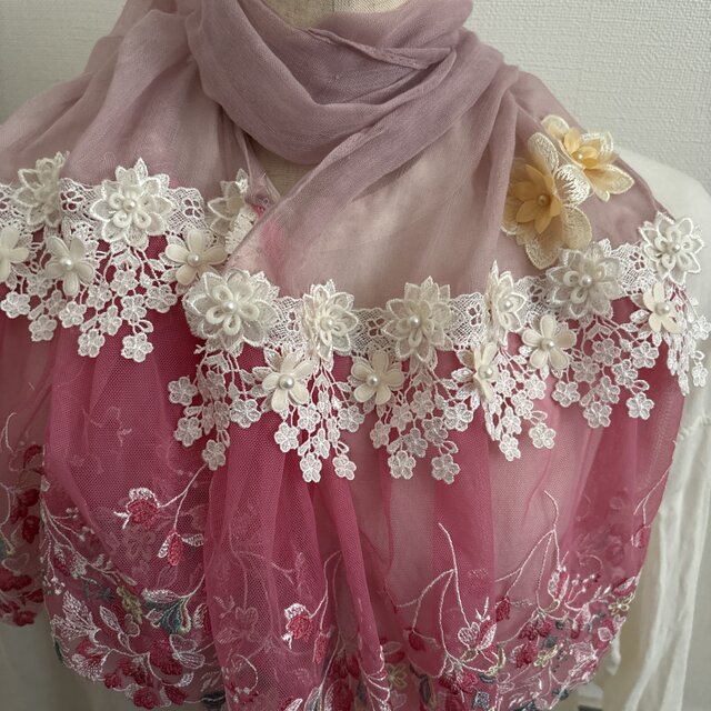 ハンドメイドクールストールくすみピンク花チュールレースピンク