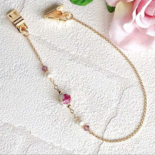 小花柄陶器ビーズ 帽子クリップ ハットクリップ