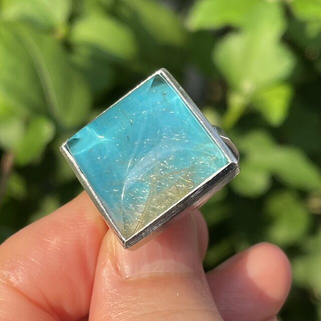 ルチルクォーツ　×　ターコイズ　ダブレット石　SQカボション　シルバーSV925リング