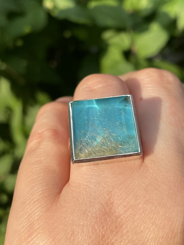 ルチルクォーツ × ターコイズ ダブレット石 SQカボション シルバー