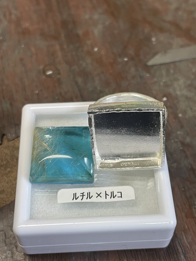 ターコイズ×ルチルクォーツ ダブレット ストーン リング シルバー 65 ルチルクォーツ × ターコイズ ダブレット石 SQカボション シルバー