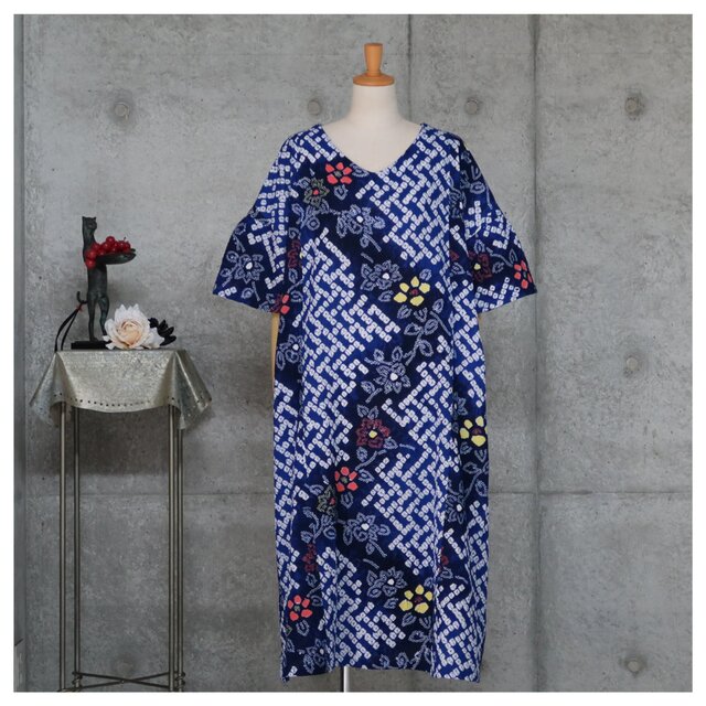 有松絞りのワンピース /    L〜LL　 着物リメイク