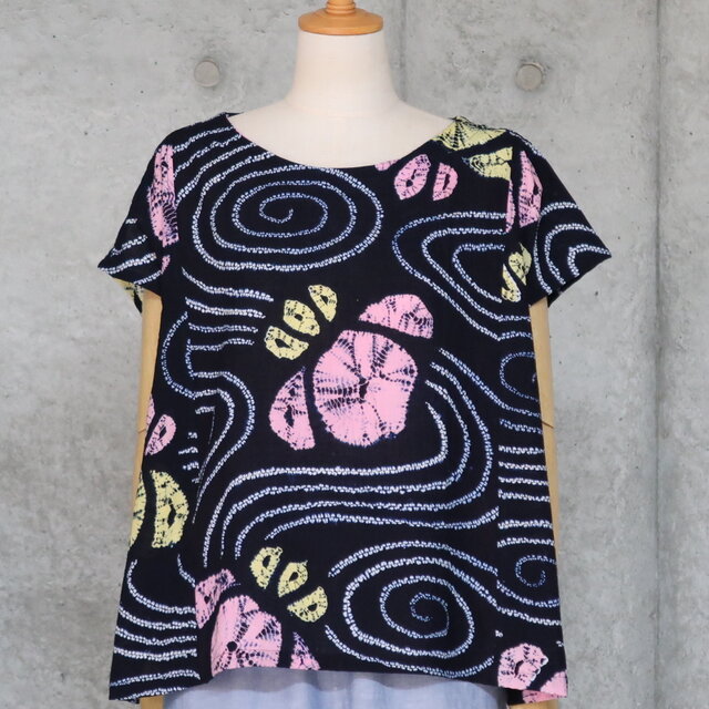 有松絞りのTブラウス   　 L サイズ　   フレンチ袖　　着物リメイク　