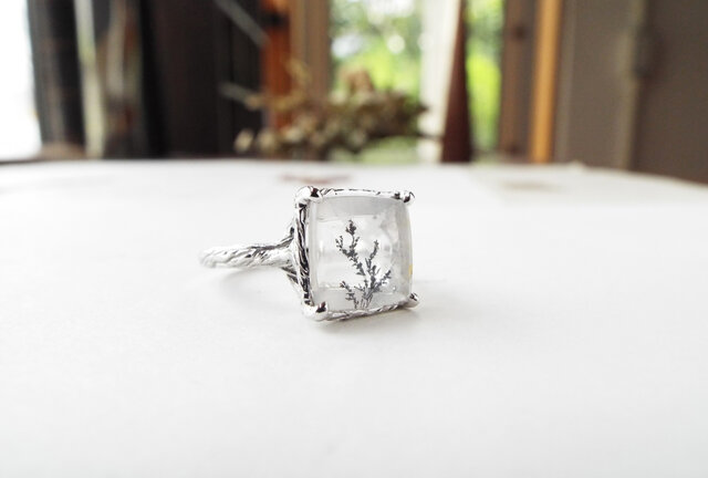 no.085 白波ジェイドとデンドリック　一点物 一点物】デンドリティッククォーツ＆ジルコンのリング（薄氷No.6