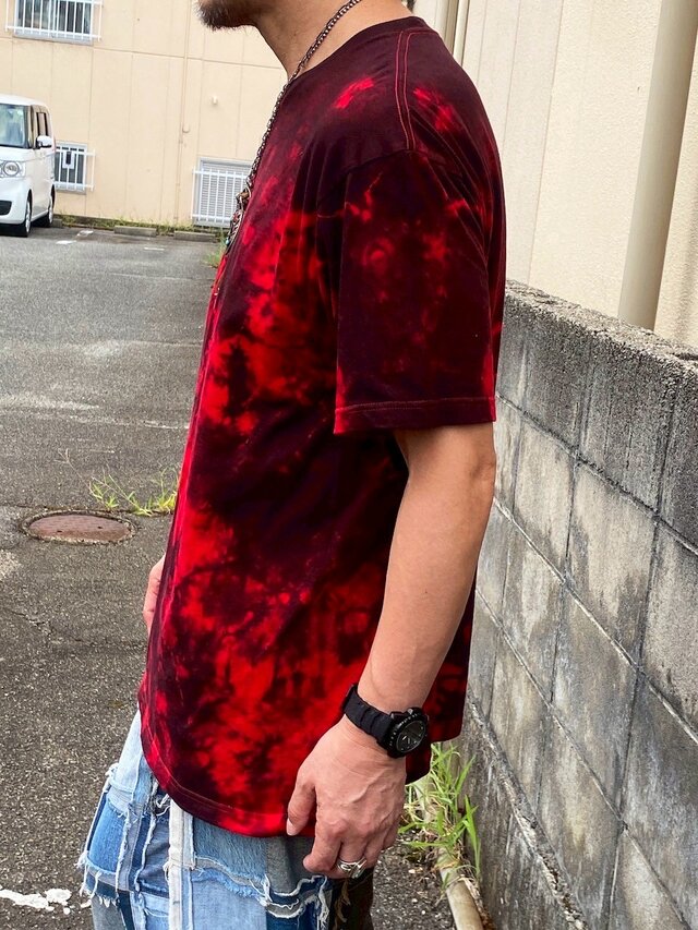 タイダイ Tシャツ XLサイズ ブラック×レッド ムラ染め Hippies Dye