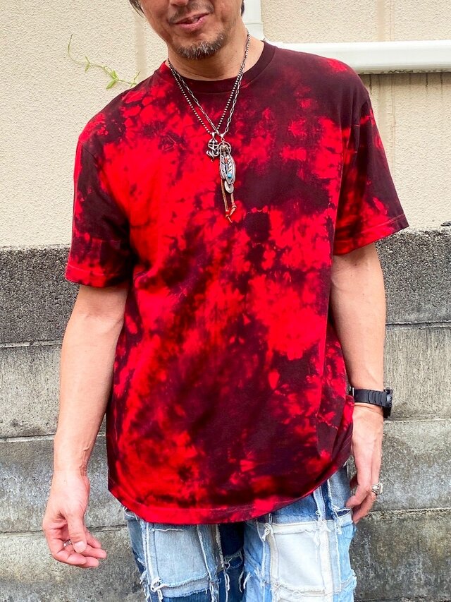 タイダイ Tシャツ XLサイズ ブラック×レッド ムラ染め Hippies Dye