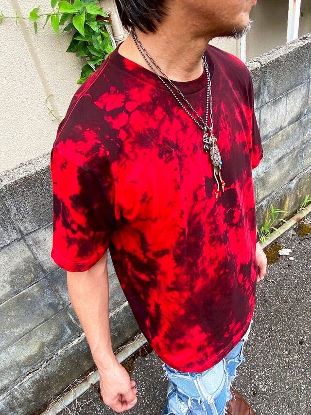 タイダイ Tシャツ XLサイズ ブラック×レッド ムラ染め Hippies Dye