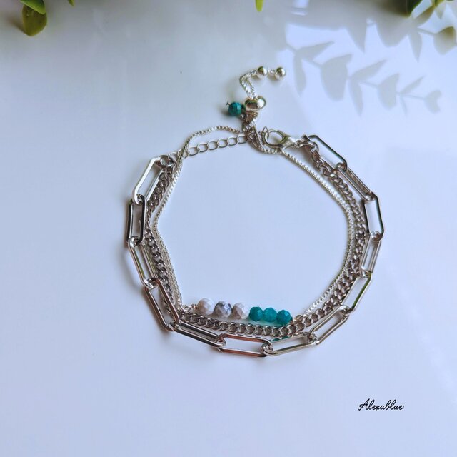 3way天然石ブレスレットセット／ターコイズ付きメンズライク2連＆アマゾナイト×ハウライト 華奢ブレス