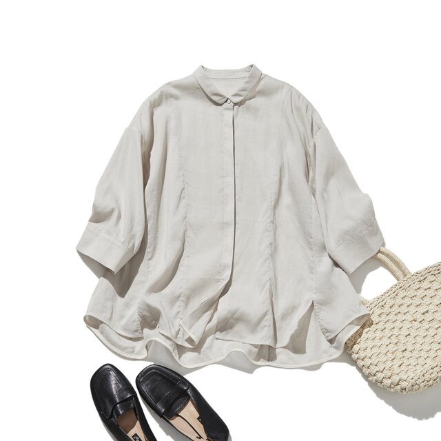 暑い季節もおしゃれと快適さを両立　麻混　ブラウス　9分袖ブラウス　ベージュ　250802-1