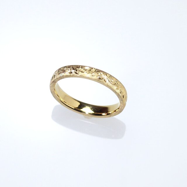 K18YG 手彫りリング(唐草＆シルクサテン)