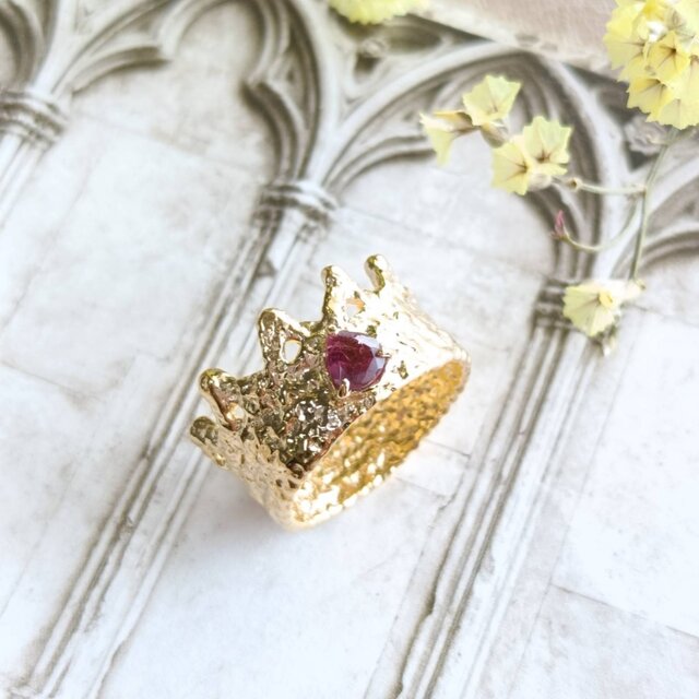 ［SV925／k18GP］Akane-茜-〜茜色の王冠リング〜　ティアラ　レース　アンティーク　幅広　金属　冠　ティアラ