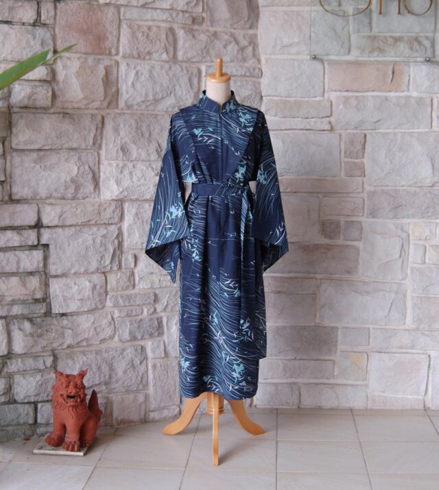 レトロクラシカル スタンドカラー 着物スリーブワンピース 着物