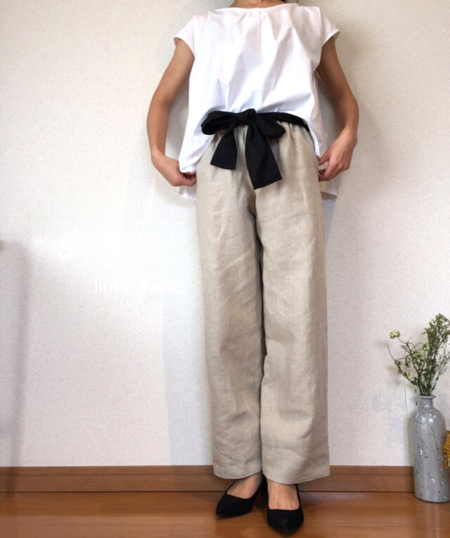 さらっと軽いlinen pants ウエストゴムのリボンが可愛い麻のパンツ