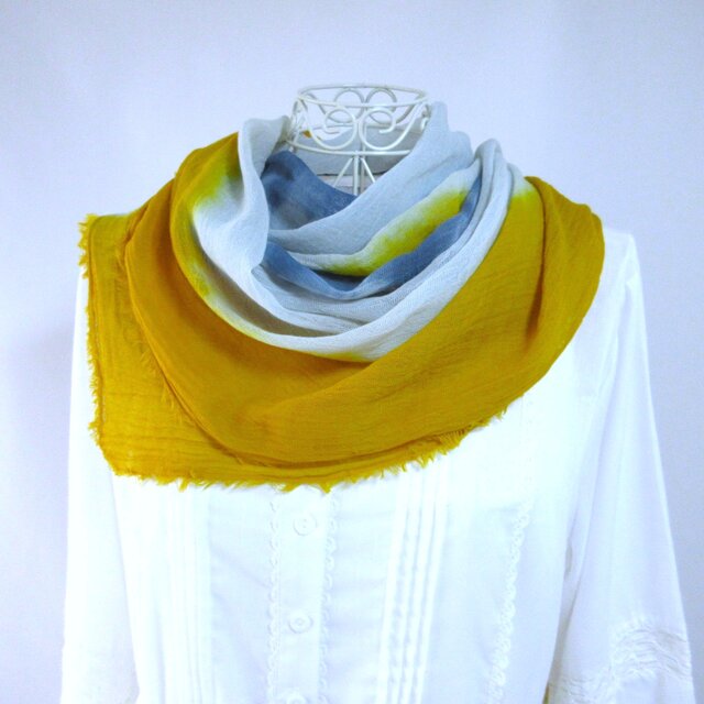 草木染め・スリムタイプ・藍生葉染め・3色グラデーション・オーガニックコットンガーゼストール