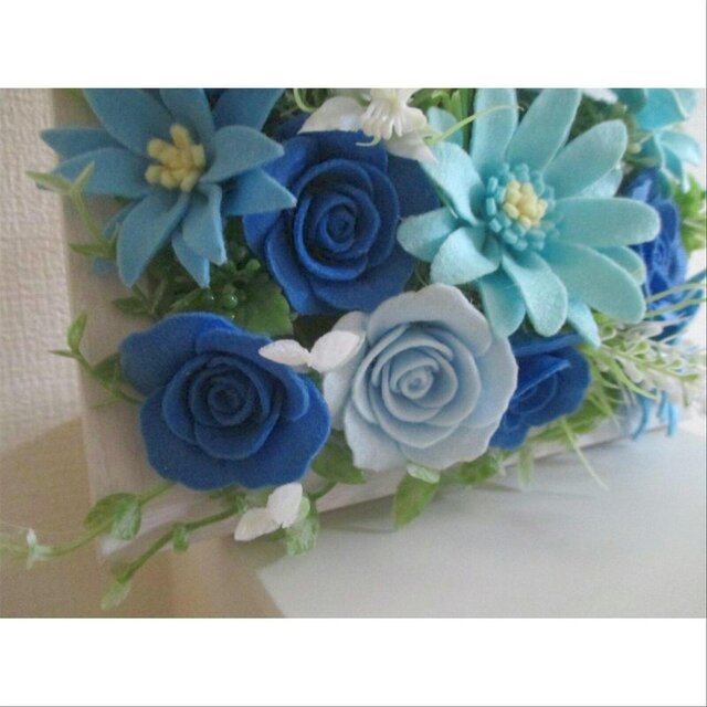 フェルトの花＊青花のフォトフレーム＊フェルトフラワー＊バラ