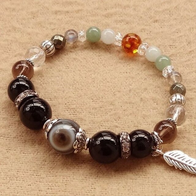 怨敵退散、厄払い・厄除けの申し子｜天眼石ｘモリオンｘスモーキークォーツｘゴールデンパイライトｘラブラドライトｘ本翡翠ｘ琥珀