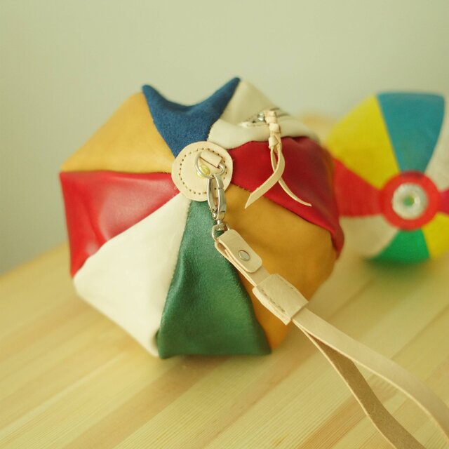 紙風船モチーフ レザーポーチ｜本革 ヌメ革｜一点もの｜ショルダー対応｜夏祭り 浴衣 和装 バッグ