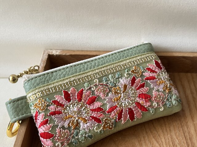 両面インド刺繍ポーチ 10cm フェイクレザー カラビナ④ | iichi