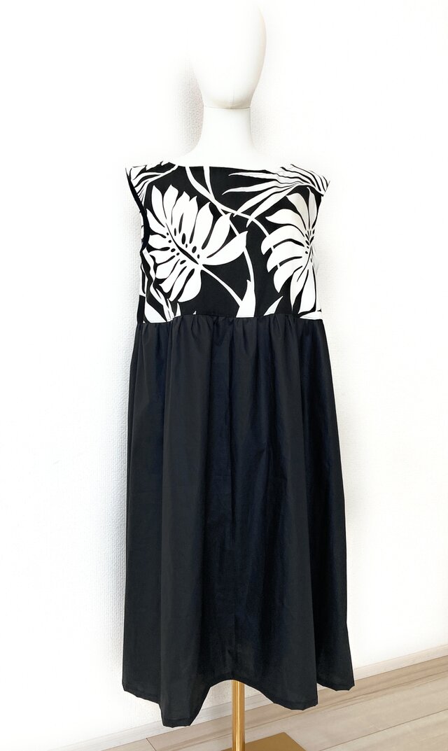 ハワイアン バイカラー・ワンピース モンステラ柄 ブラック S9