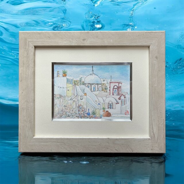白い村を行く（ギリシャ、サントリーニ島、水彩画、原画、額付き）