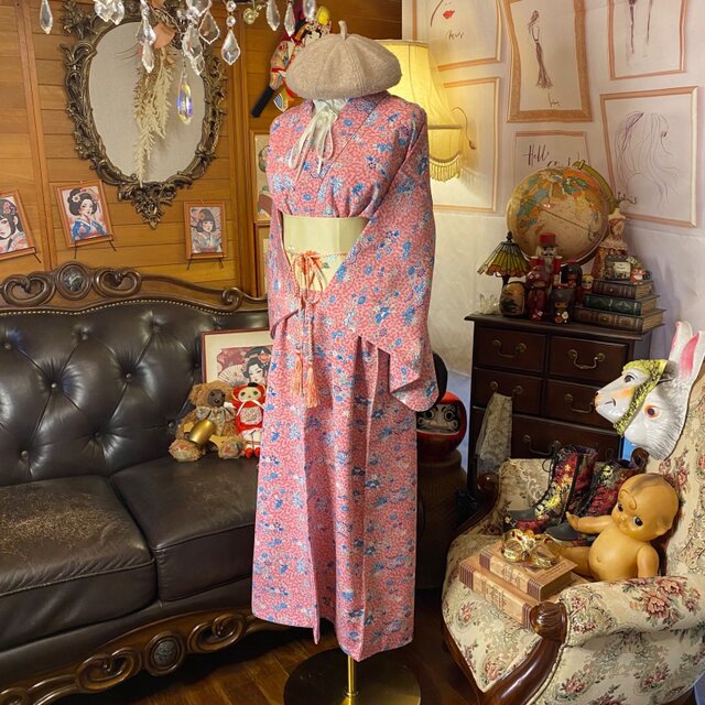 着物リメイク ロングワンピース ドレス 洗える 化繊 名古屋帯ベルト