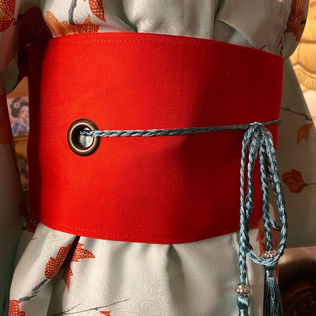 着物リメイク ワンピース ドレス 洗える 化繊 帯サッシュベルト 和洋折衷 レトロ 古着 ハンドメイド ミントアイスブルーに、朱と橙の梅花 KW-1026 着物リメイク ワンピース ドレス 洗える 化繊 帯サッシュベルト 和洋