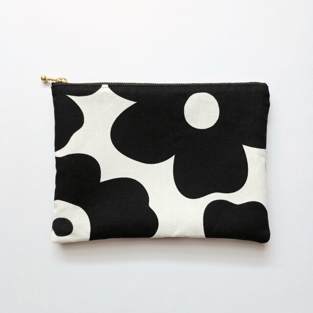 ファスナーポーチ 20cm モノトーン花柄 フラットポーチ