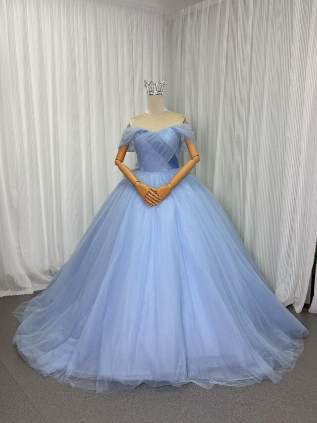 カラードレス ブルーグレー オフショルダー チュールスカート バックリボン 編み上げ 披露宴