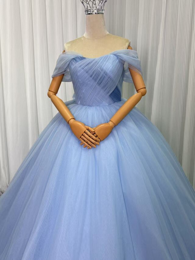 カラードレス ブルーグレー オフショルダー チュールスカート バック