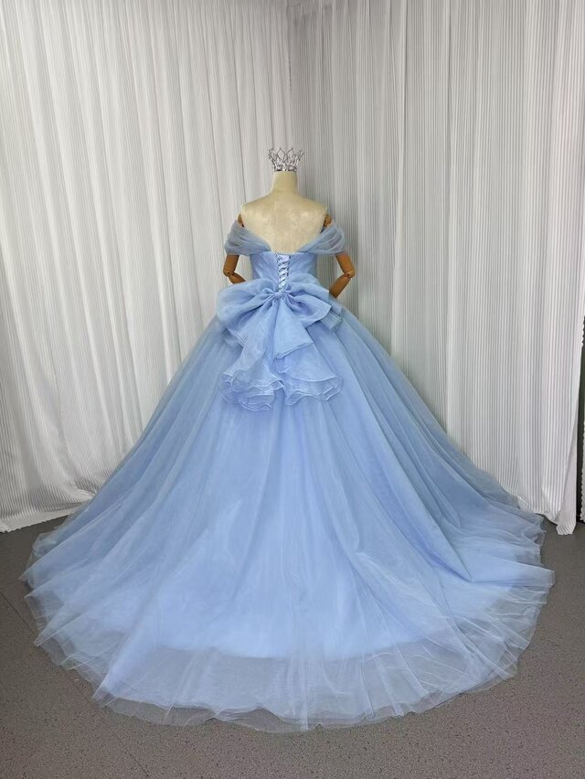7～11号　編み上げ水色 ストラップレス チュールドレス カラードレス ブルーグレー オフショルダー チュールスカート バック