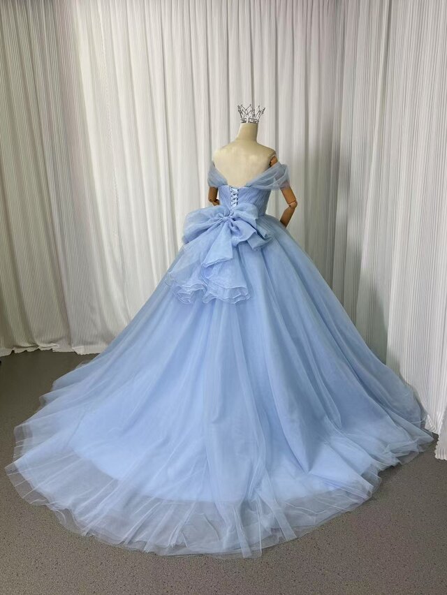 ブルーグレーカラードレス オフショルダー カラードレス ブルーグレー オフショルダー チュールスカート