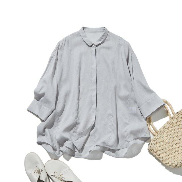 暑い季節もおしゃれと快適さを両立　麻混　ブラウス　9分袖ブラウス　ライトグレー　250802-2