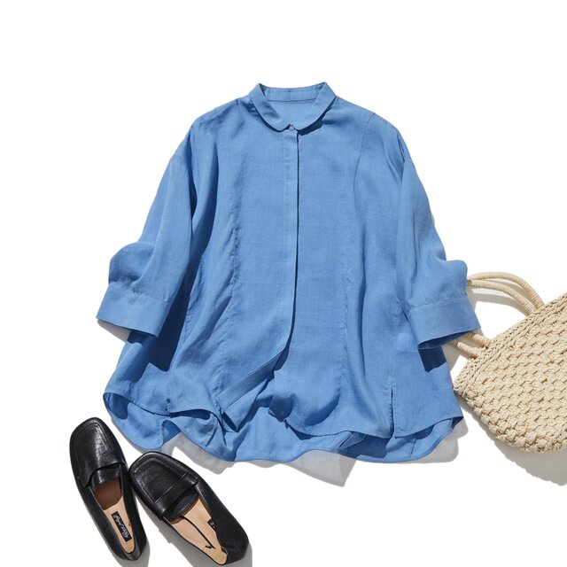 暑い季節もおしゃれと快適さを両立 リネンテンセルブラウス　9分袖ブラウス　青　250802-3